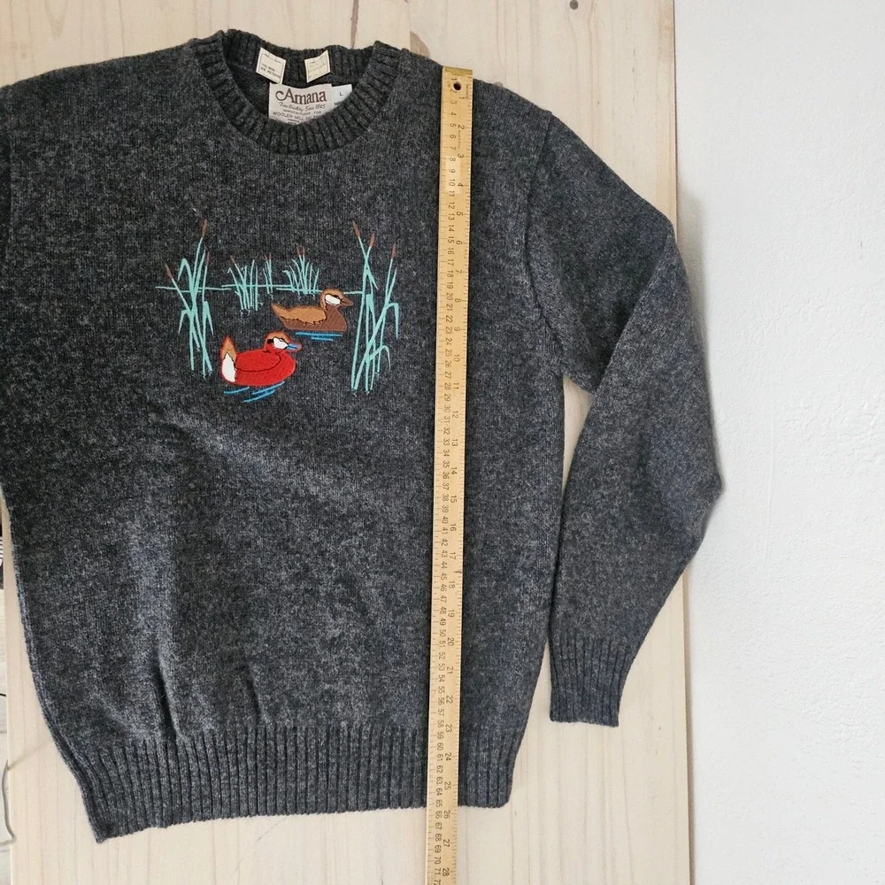 Amana Men's Grey Wool‎ Blend Duck Embroidered Fair Isle Vintage Sweater L USA